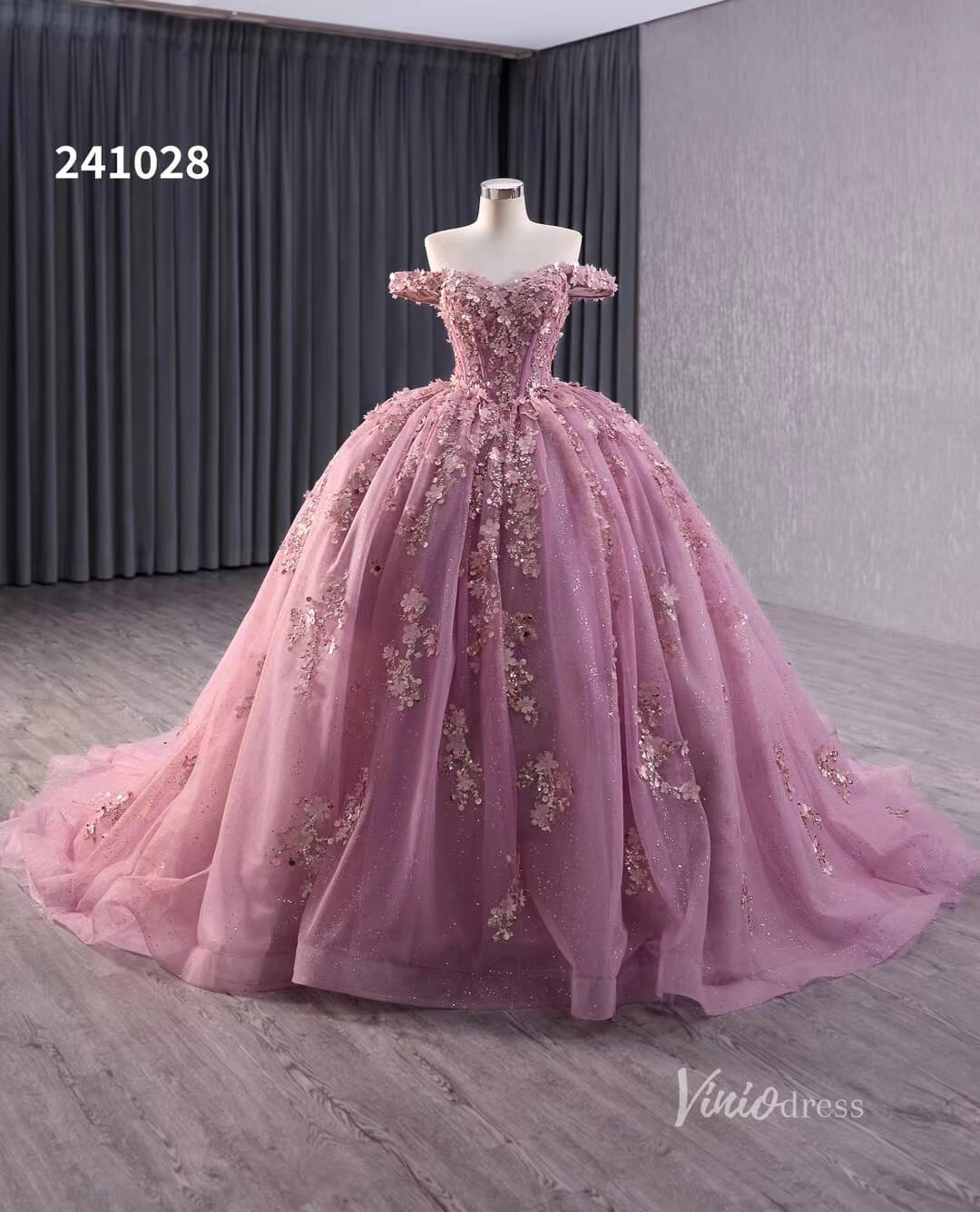 Pink Beaded Floral Wedding Dresses Sparkly Off the Shoulder Quinceanera Dress 241028 - ViniodressQuinceanera DressesPinkCustom Size - Formal Dresses - Ball Gowns