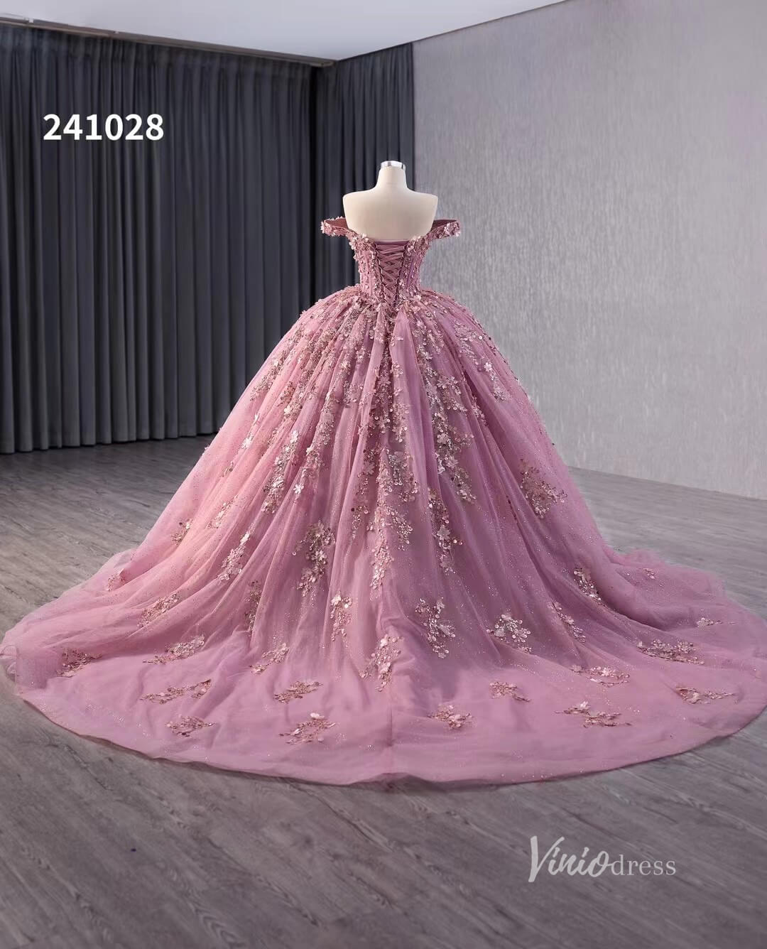 Pink Beaded Floral Wedding Dresses Sparkly Off the Shoulder Quinceanera Dress 241028 - ViniodressQuinceanera DressesPinkCustom Size - Formal Dresses - Ball Gowns