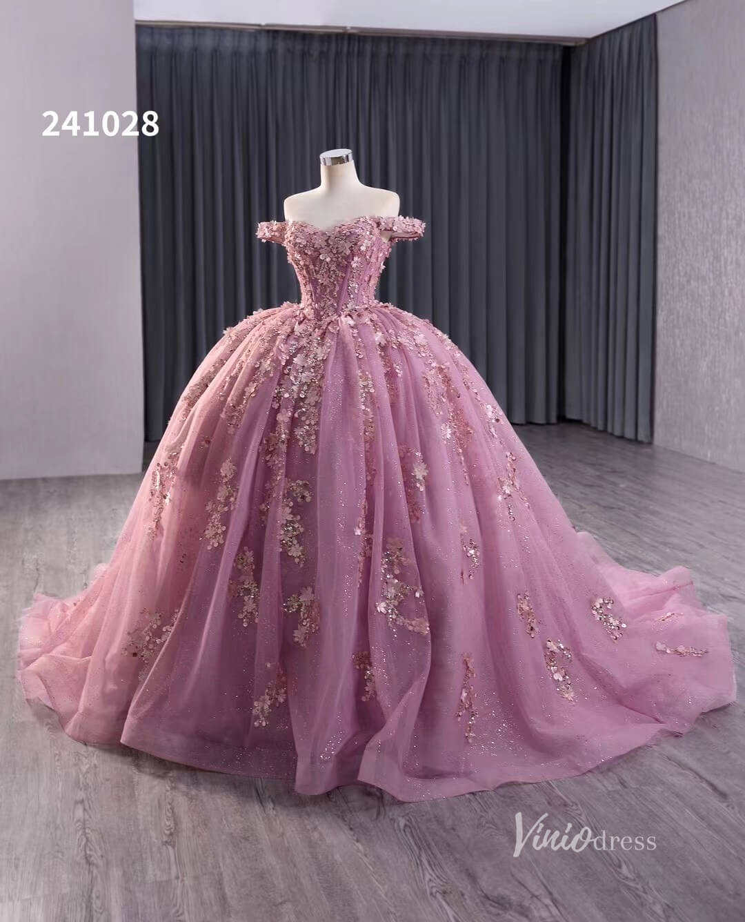 Pink Beaded Floral Wedding Dresses Sparkly Off the Shoulder Quinceanera Dress 241028 - ViniodressQuinceanera DressesPinkCustom Size - Formal Dresses - Ball Gowns