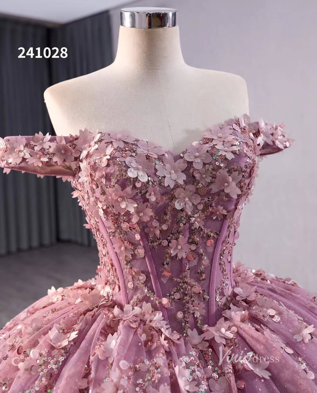 Pink Beaded Floral Wedding Dresses Sparkly Off the Shoulder Quinceanera Dress 241028 - ViniodressQuinceanera DressesPinkCustom Size - Formal Dresses - Ball Gowns