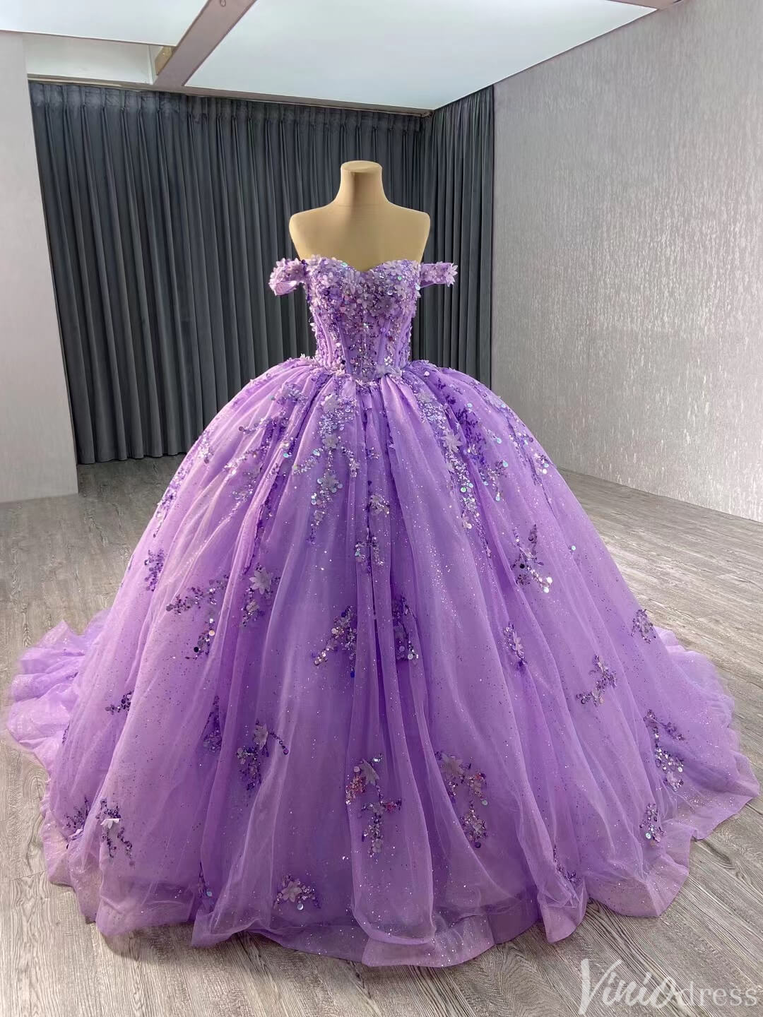 Pink Beaded Floral Wedding Dresses Sparkly Off the Shoulder Quinceanera Dress 241028 - ViniodressQuinceanera DressesLavenderCustom Size - Formal Dresses - Ball Gowns