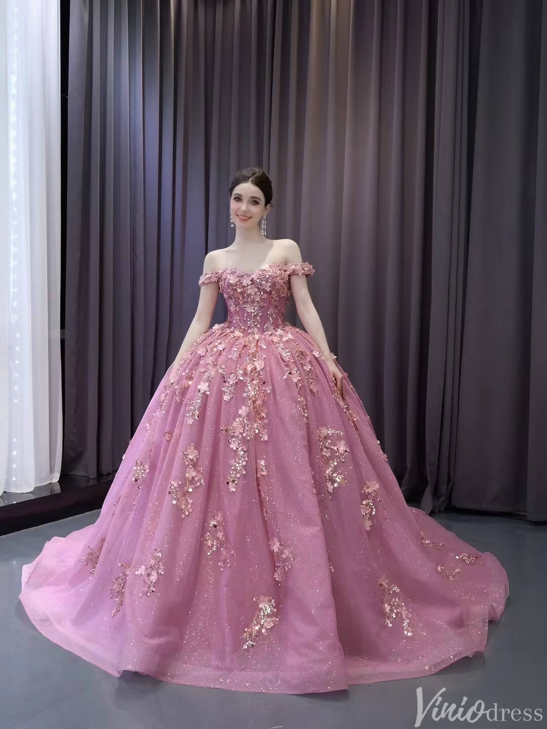 Pink Beaded Floral Wedding Dresses Sparkly Off the Shoulder Quinceanera Dress 241028 - ViniodressQuinceanera DressesPinkCustom Size - Formal Dresses - Ball Gowns