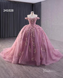 Pink Beaded Floral Wedding Dresses Sparkly Off the Shoulder Quinceanera Dress 241028