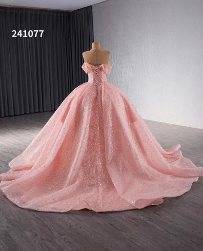 Pink Beaded Flower Wedding Gowns Sparkly Off the Shoulder Quinceanera Dress 241077-Quinceanera Dresses 2025 -Viniodress-Pink-Custom Size-