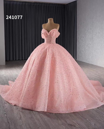 Pink Beaded Flower Wedding Gowns Sparkly Off the Shoulder Quinceanera Dress 241077-Quinceanera Dresses 2025 -Viniodress-Pink-Custom Size-