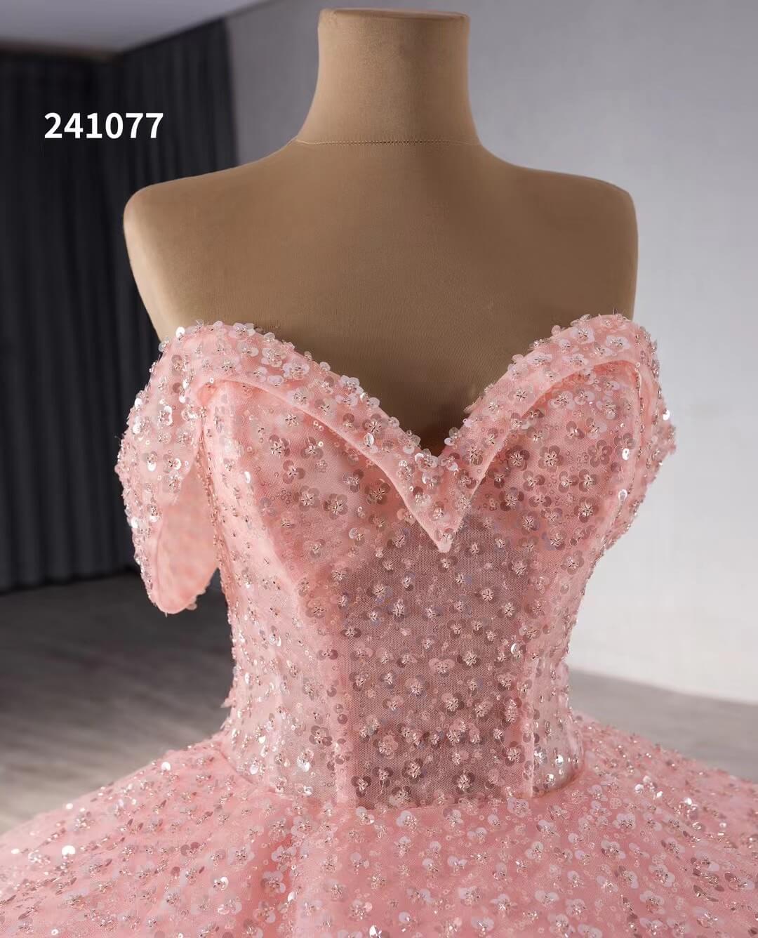 Pink Beaded Flower Wedding Gowns Sparkly Off the Shoulder Quinceanera Dress 241077-Quinceanera Dresses 2025 -Viniodress-Pink-Custom Size-
