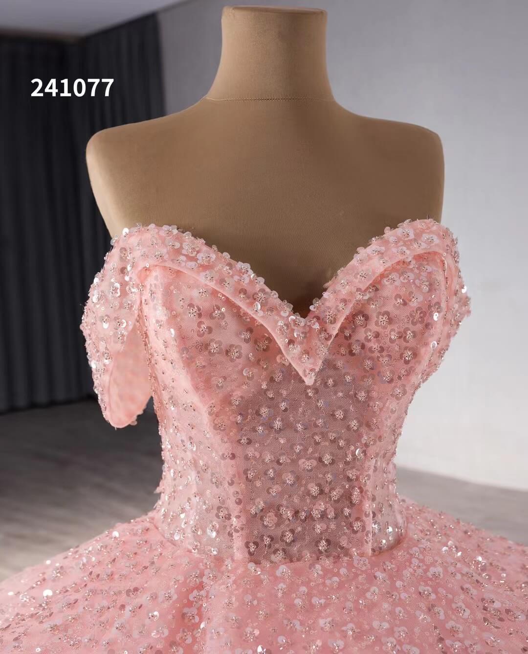 Pink Beaded Flower Wedding Gowns Sparkly Off the Shoulder Quinceanera Dress 241077-Quinceanera Dresses-Viniodress-Viniodress