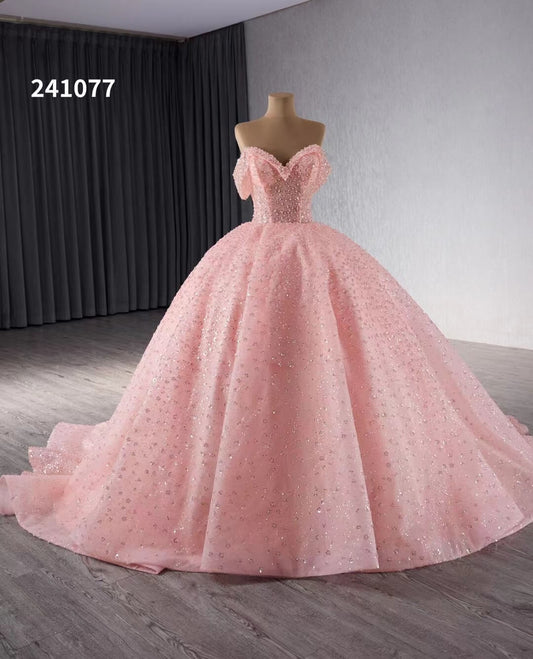 Pink Beaded Flower Wedding Gowns Sparkly Off the Shoulder Quinceanera Dress 241077 - ViniodressQuinceanera DressesPinkCustom Size - Formal Dresses - Ball Gowns