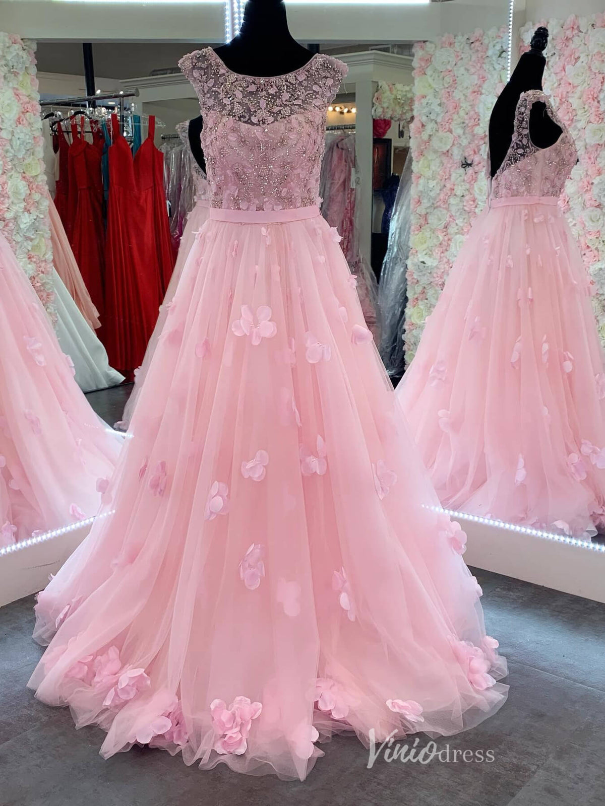 Pink Beaded Lace 3D Flower Prom Dresses Cape Sleeve Boat Neck FD4002-prom dresses-Viniodress-Pink-Custom Size-Viniodress