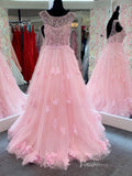 Pink Beaded Lace 3D Flower Prom Dresses Cape Sleeve Boat Neck  FD4002