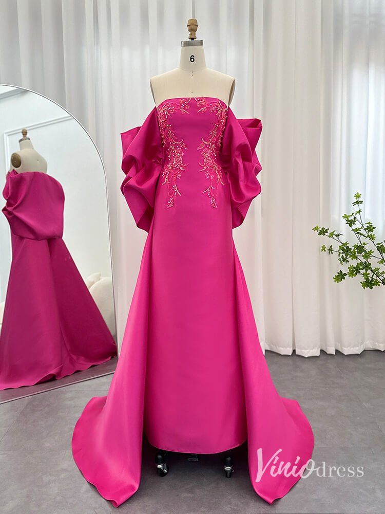 Pink Beaded Lace Evening Dresses Satin Off the Shoulder Mother of the Bride Dress AD1155-Evening Dresses 2025 -Viniodress-Pink-US 2-