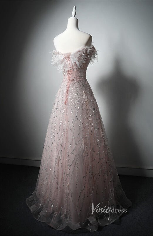 Pink Beaded Lace Feather Prom Dresses Off the Shoulder Evening Dress AD1220-prom dresses 2025 -Viniodress-Pink-Custom Size-