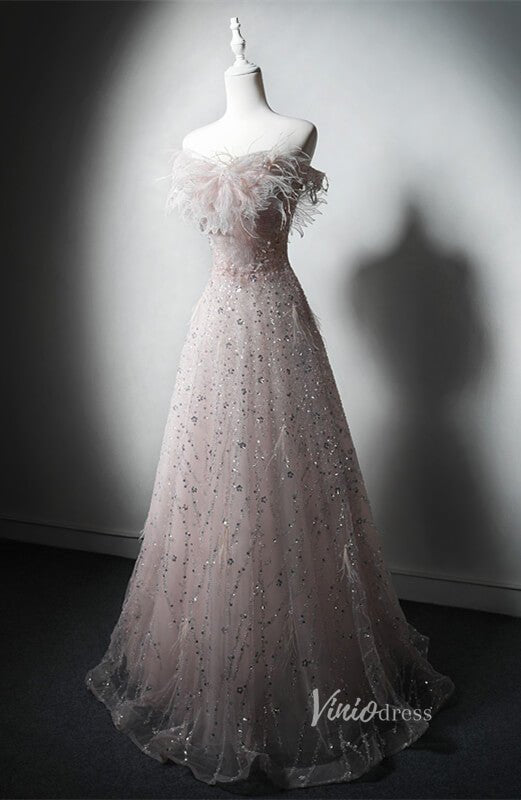 Pink Beaded Lace Feather Prom Dresses Off the Shoulder Evening Dress AD1220-prom dresses 2025 -Viniodress-Pink-Custom Size-