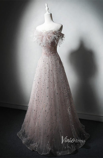 Pink Beaded Lace Feather Prom Dresses Off the Shoulder Evening Dress AD1220-prom dresses 2025 -Viniodress-Pink-Custom Size-