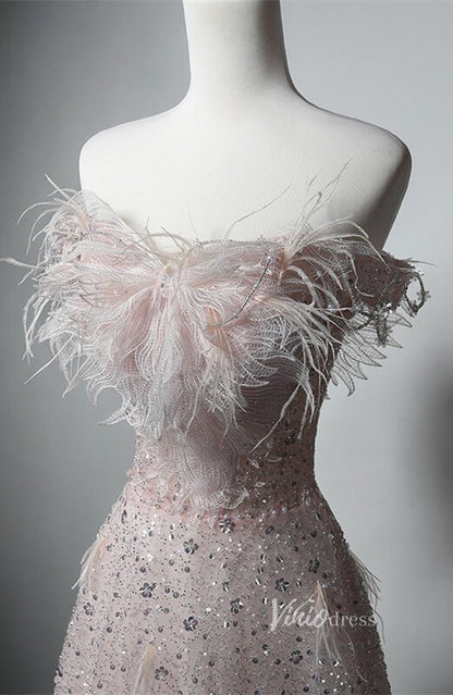 Pink Beaded Lace Feather Prom Dresses Off the Shoulder Evening Dress AD1220-prom dresses 2025 -Viniodress-Pink-Custom Size-