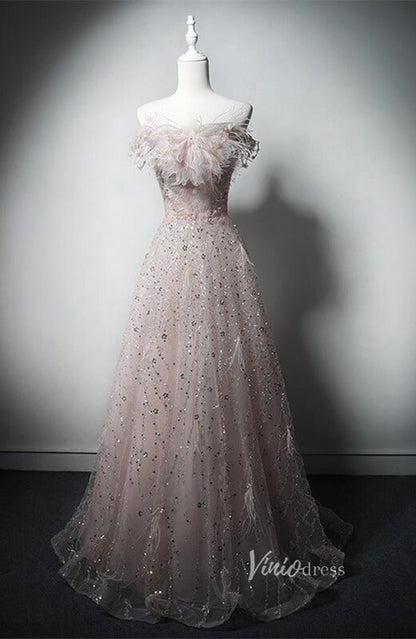 Pink Beaded Lace Feather Prom Dresses Off the Shoulder Evening Dress AD1220-prom dresses 2025 -Viniodress-Pink-Custom Size-