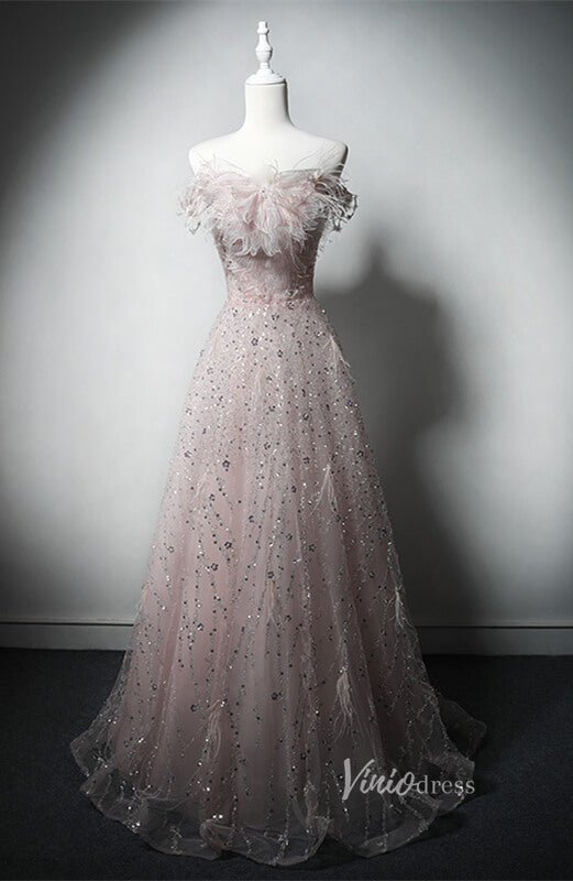 Pink Beaded Lace Feather Prom Dresses Off the Shoulder Evening Dress AD1220-prom dresses 2025 -Viniodress-Pink-Custom Size-
