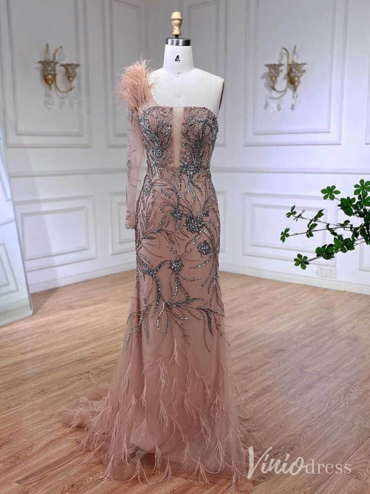 Pink Beaded Lace Mermaid Prom Dresses Feathers Long Sleeve Pageant Dress AD1257-Evening Dresses 2025 -Viniodress-Pink-US 2-