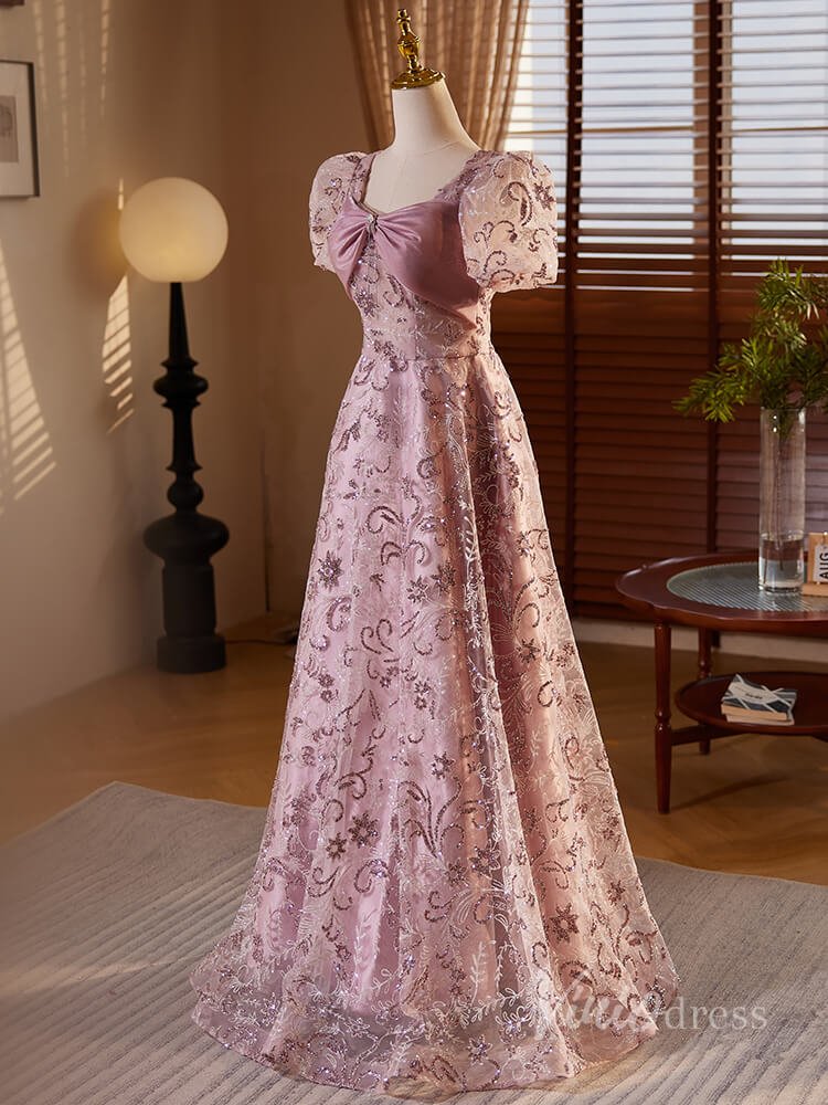 Pink Beaded Lace Prom Dresses Puffed Sleeve Bow-Tie 90062-prom dresses 2025 -Viniodress-Pink-Custom Size-