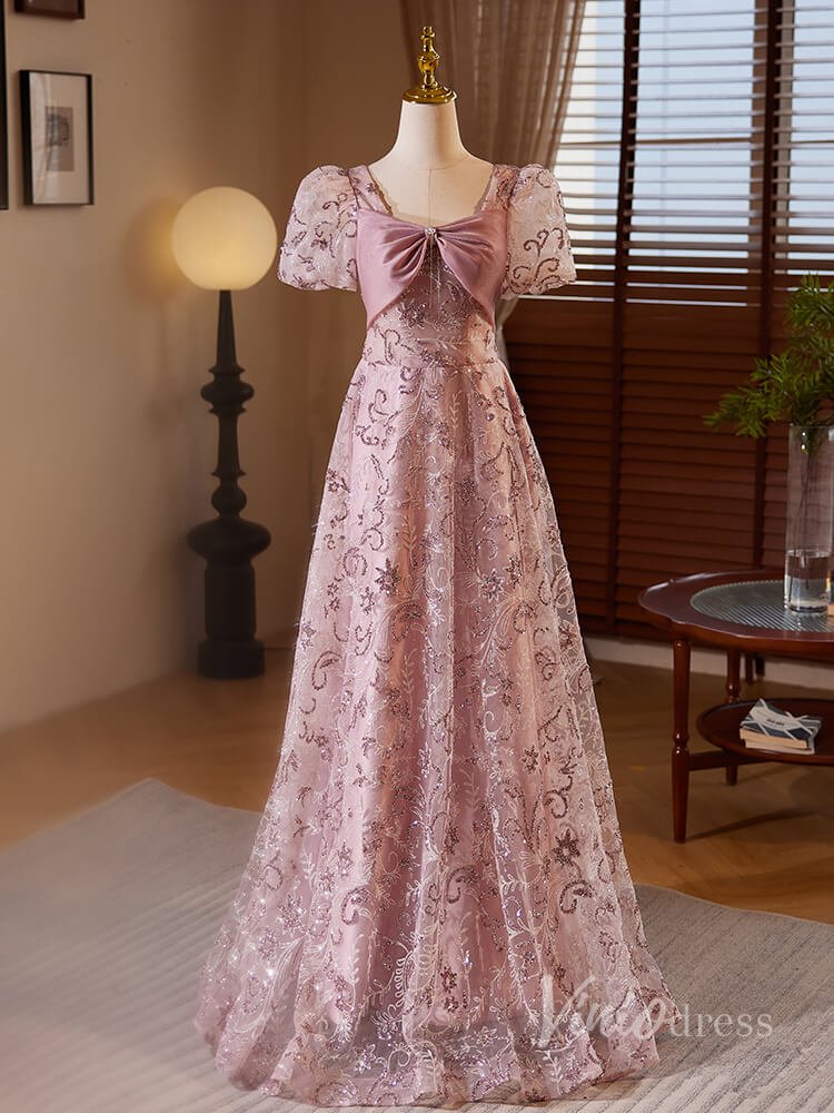 Pink Beaded Lace Prom Dresses Puffed Sleeve Bow-Tie 90062-prom dresses 2025 -Viniodress-Pink-Custom Size-