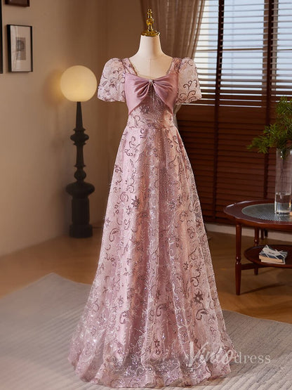 Pink Beaded Lace Prom Dresses Puffed Sleeve Bow-Tie 90062-prom dresses 2025 -Viniodress-Pink-Custom Size-