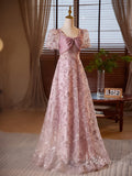 Pink Beaded Lace Prom Dresses Puffed Sleeve Bow-Tie 90062-prom dresses-Viniodress-Viniodress