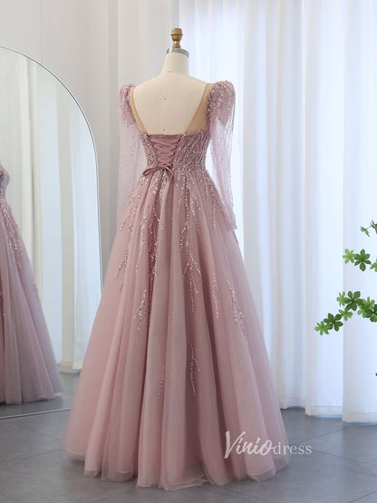 Pink Beaded Lace Prom Dresses Sheer Long Puffed Sleeve Pageant Dress AD1174-Evening Dresses 2025 -Viniodress-Pink-US 2-