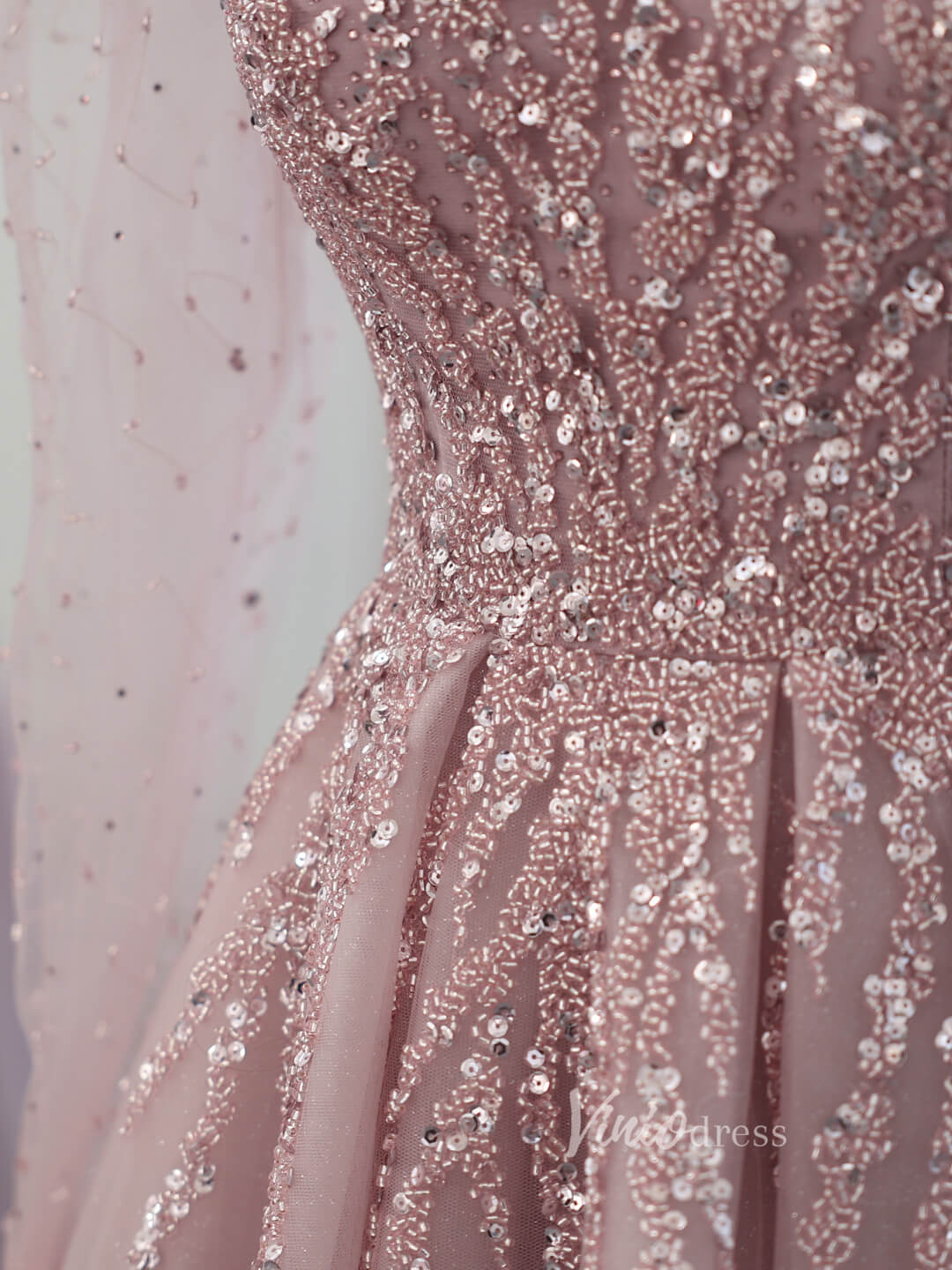 Pink Beaded Lace Prom Dresses Sheer Long Puffed Sleeve Pageant Dress AD1174-Evening Dresses 2025 -Viniodress-Pink-US 2-