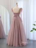 Pink Beaded Lace Prom Dresses Sheer Long Puffed Sleeve Pageant Dress AD1174-prom dresses-Viniodress-Viniodress