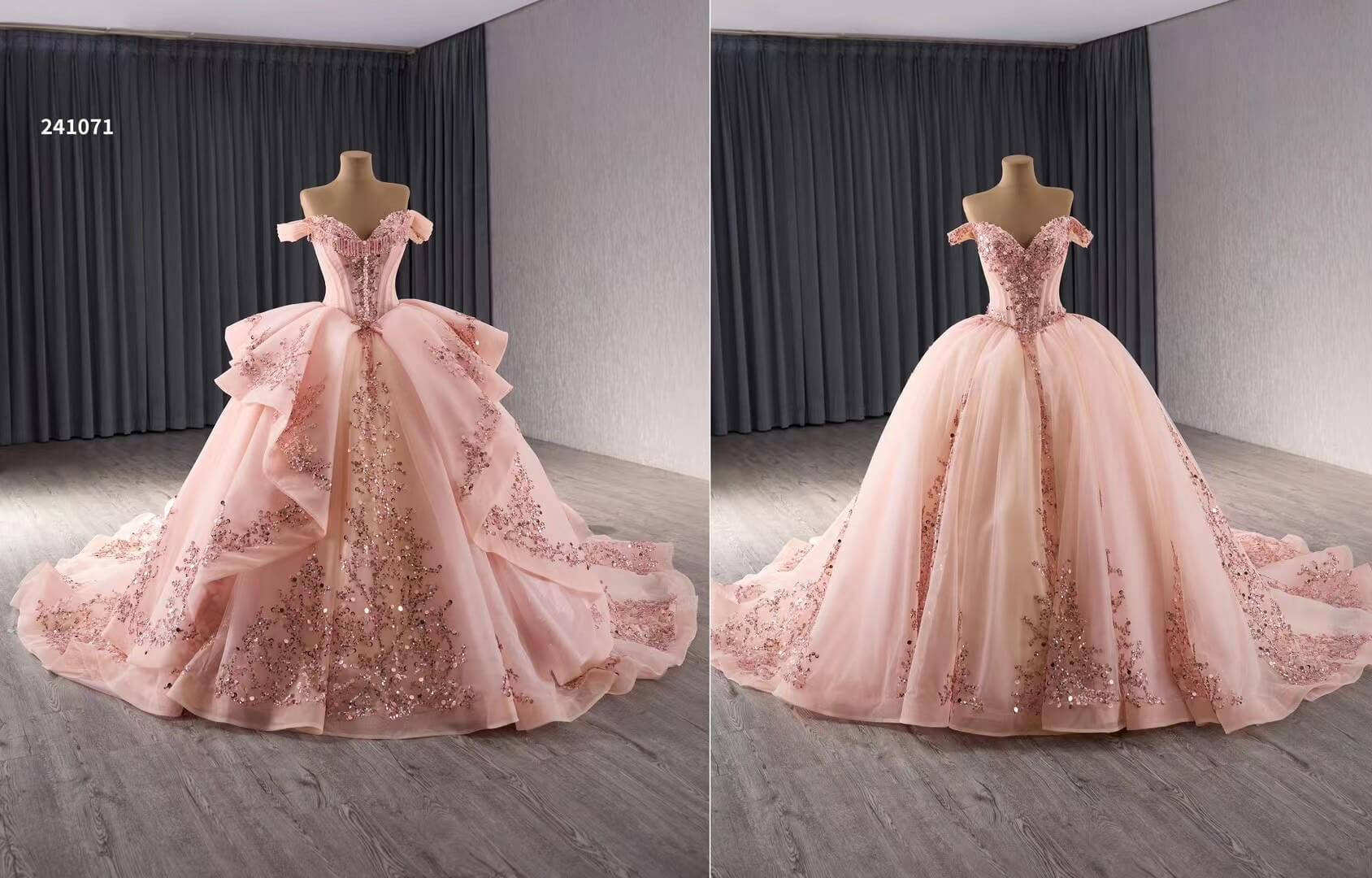 Pink Beaded Lace Tiered Wedding Gowns Removable Overskirt Off the Shoulder Quince Dress 241071-Quinceanera Dresses-Viniodress-Viniodress