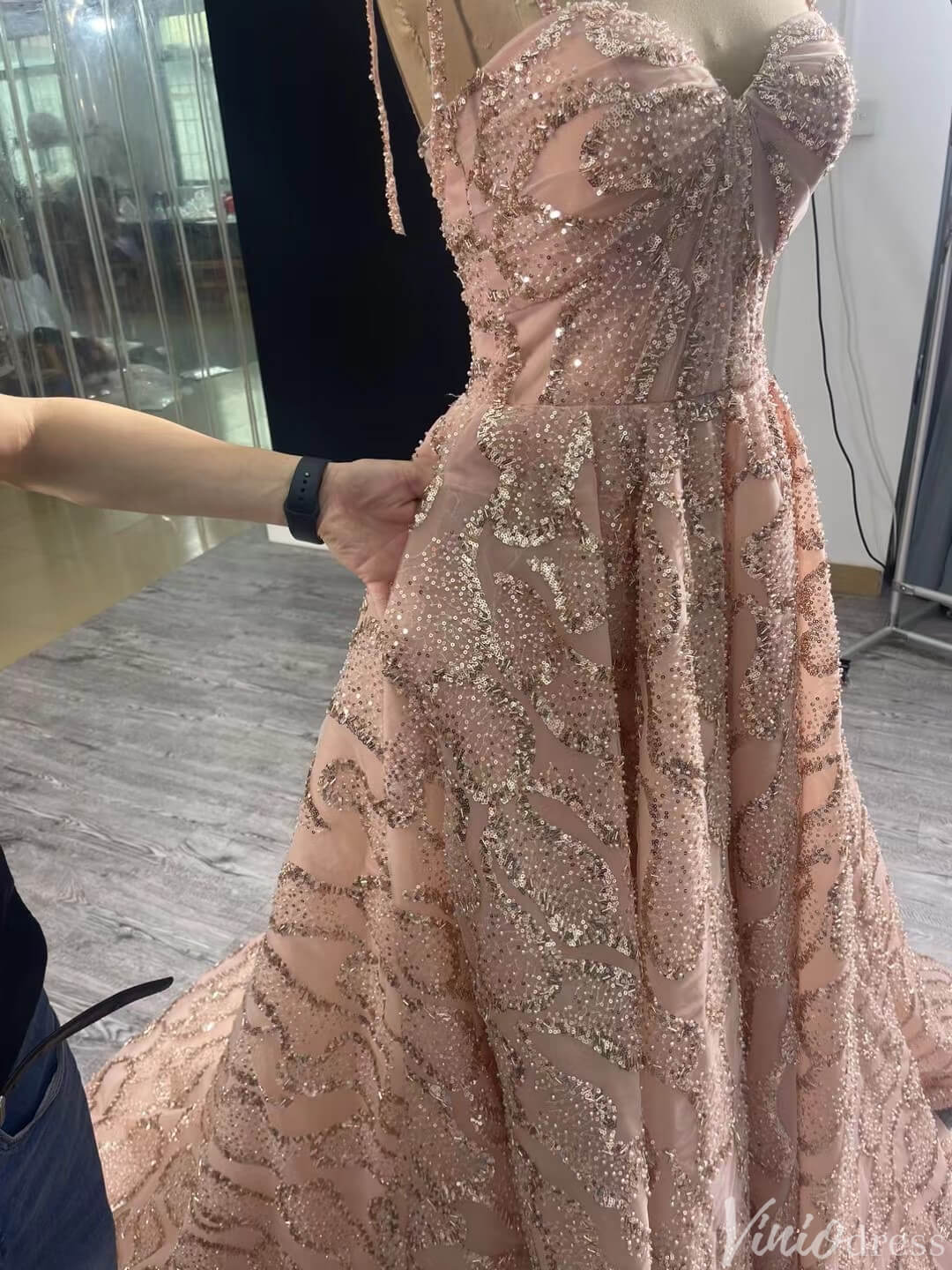 Pink Beaded Lace Wedding Gown Spaghetti Strap Quinceanera Dress 241064-Quinceanera Dresses 2025 -Viniodress-Pink-Custom Size-