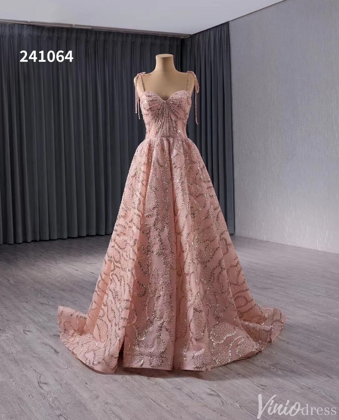 Pink Beaded Lace Wedding Gown Spaghetti Strap Quinceanera Dress 241064-Quinceanera Dresses 2025 -Viniodress-Pink-Custom Size-