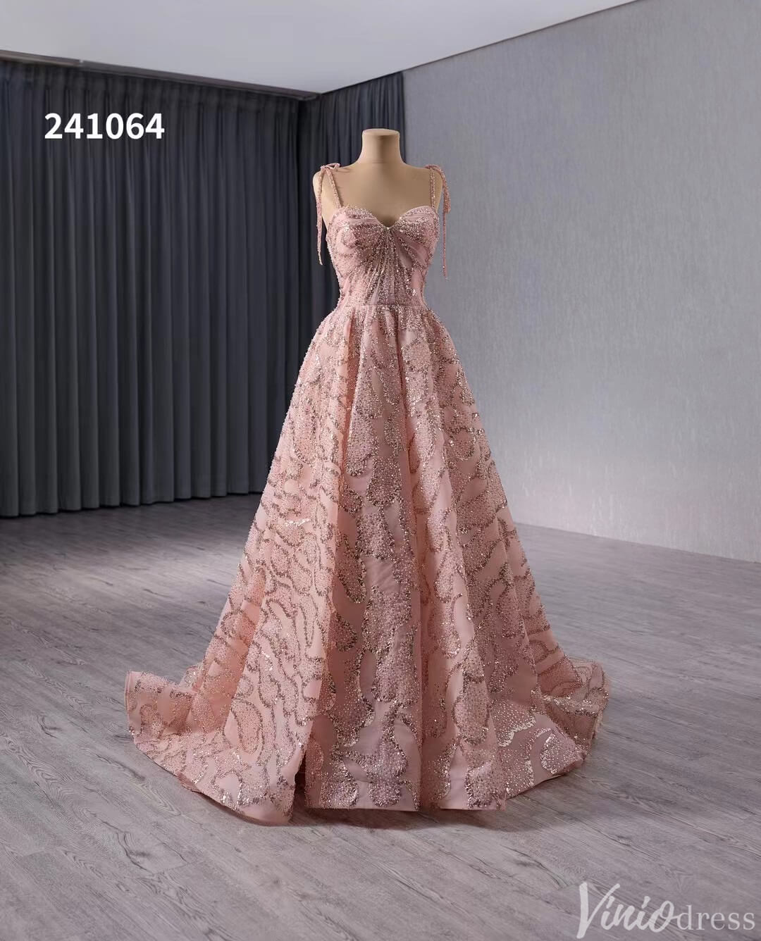 Pink Beaded Lace Wedding Gown Spaghetti Strap Quinceanera Dress 241064-Quinceanera Dresses-Viniodress-Viniodress