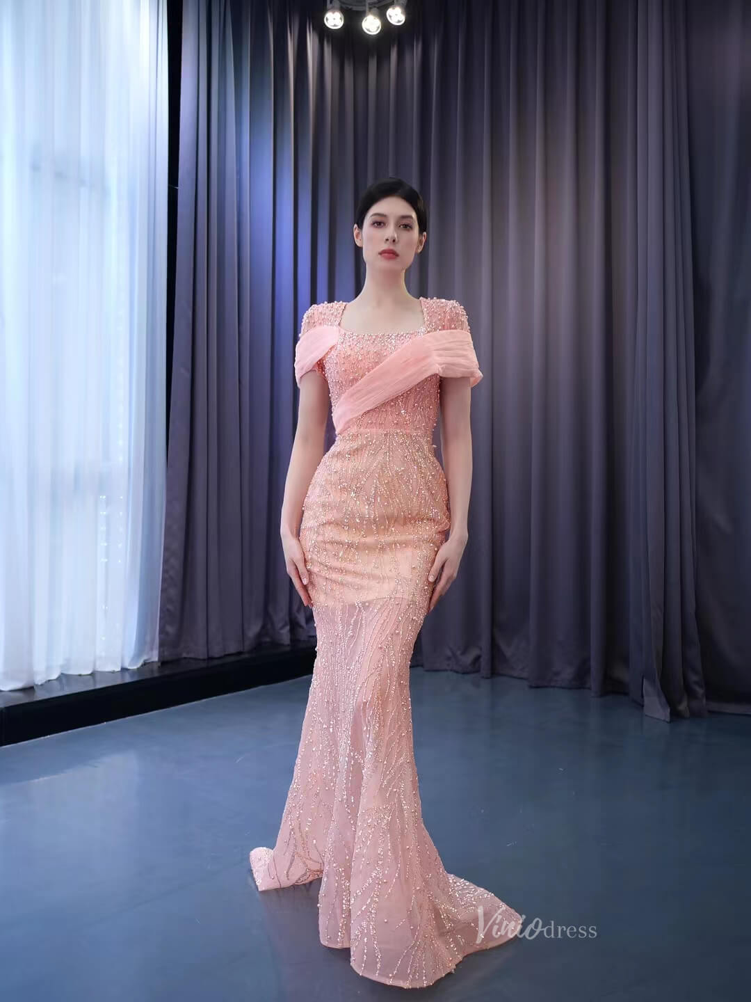 Pink Beaded Mermaid Prom Dress Removable Overskirt Wedding Dresses 222124-Evening Dresses 2025 -Viniodress-Pink-Custom Size-