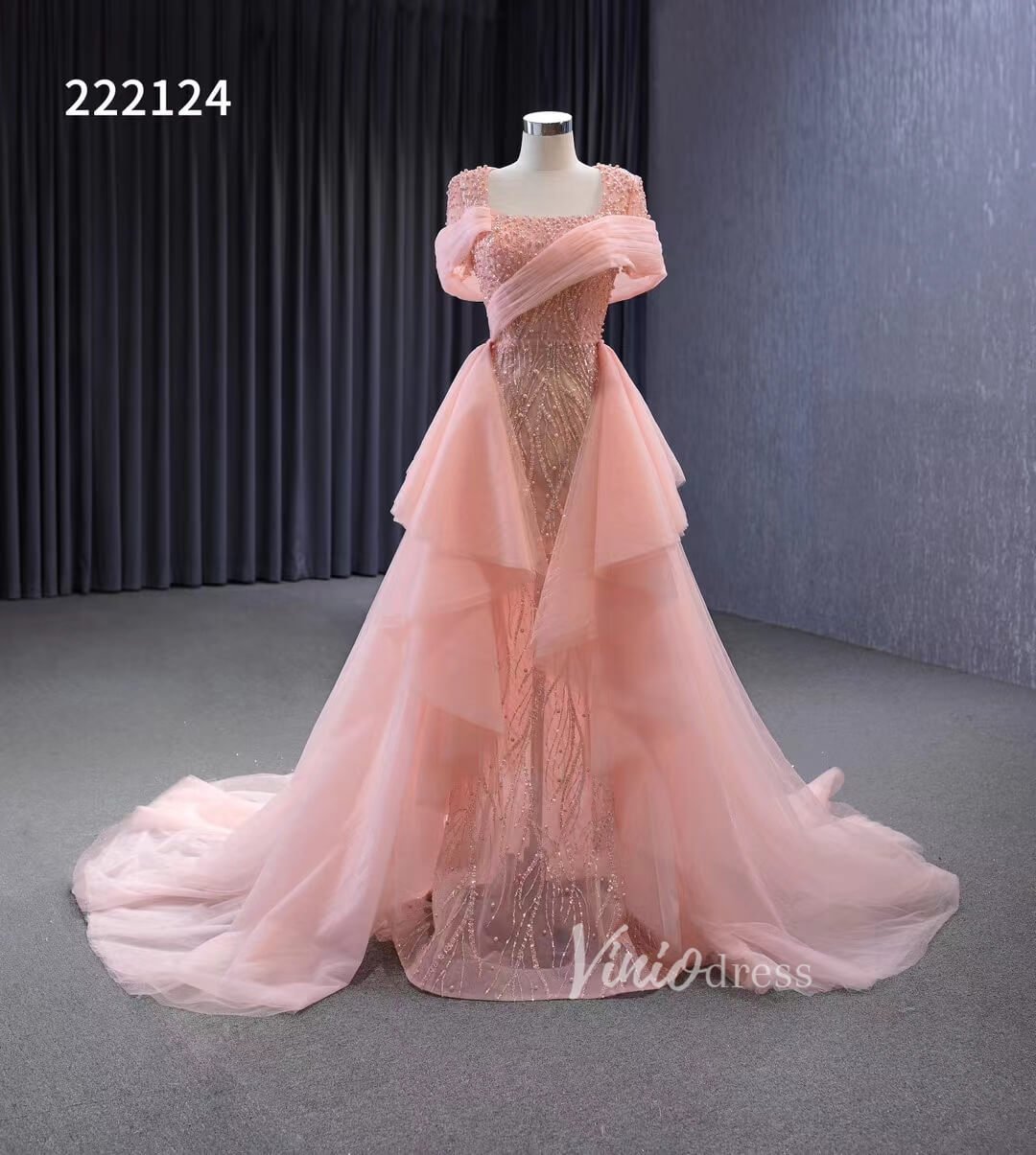 Pink Beaded Mermaid Prom Dress Removable Overskirt Wedding Dresses 222124-Evening Dresses 2025 -Viniodress-Pink-Custom Size-