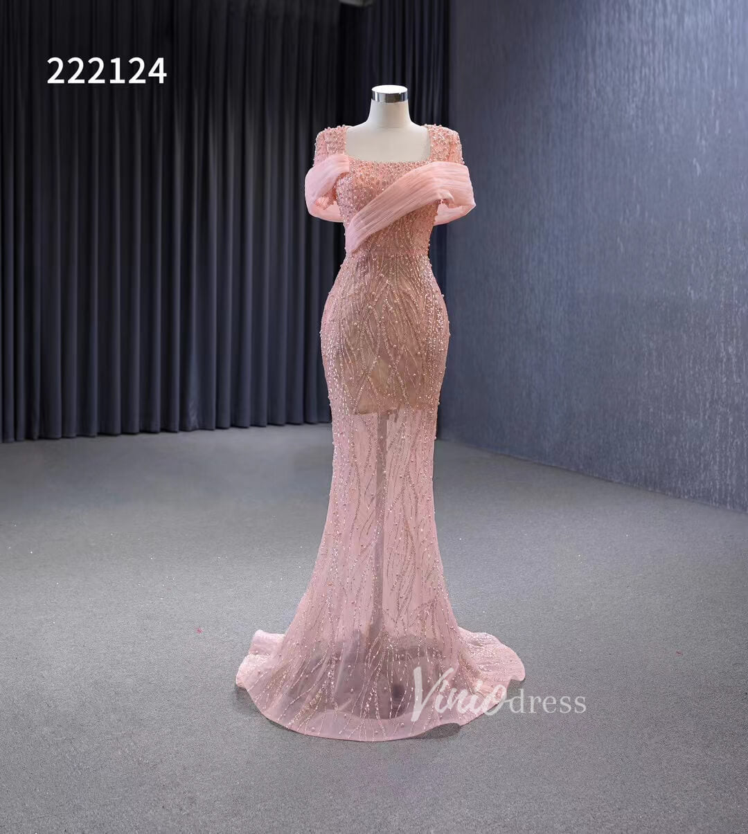 Pink Beaded Mermaid Prom Dress Removable Overskirt Wedding Dresses 222124-Evening Dresses 2025 -Viniodress-Pink-Custom Size-