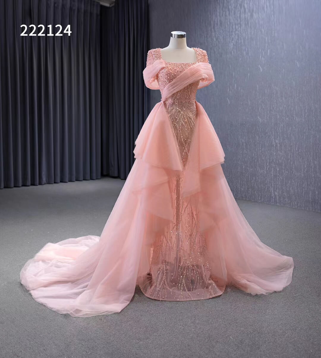 Pink Beaded Mermaid Prom Dress Removable Overskirt Wedding Dresses 222124-Evening Dresses 2025 -Viniodress-Pink-Custom Size-