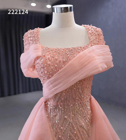 Pink Beaded Mermaid Prom Dress Removable Overskirt Wedding Dresses 222124-Evening Dresses 2025 -Viniodress-Pink-Custom Size-