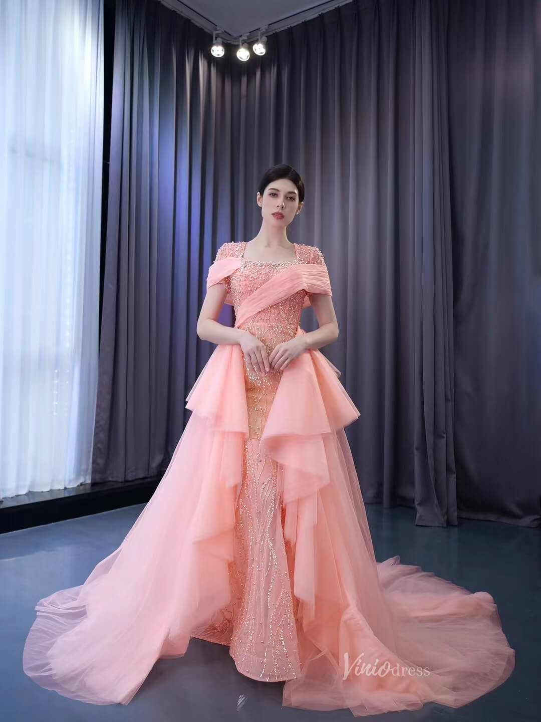 Pink Beaded Mermaid Prom Dress Removable Overskirt Wedding Dresses 222124-Evening Dresses 2025 -Viniodress-Pink-Custom Size-