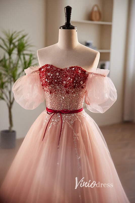 Pink Beaded Off the Shoulder Prom Dresses with Puffed Sleeve FD3521 - Viniodressprom dressesPinkCustom Size - Formal Dresses - Ball Gowns