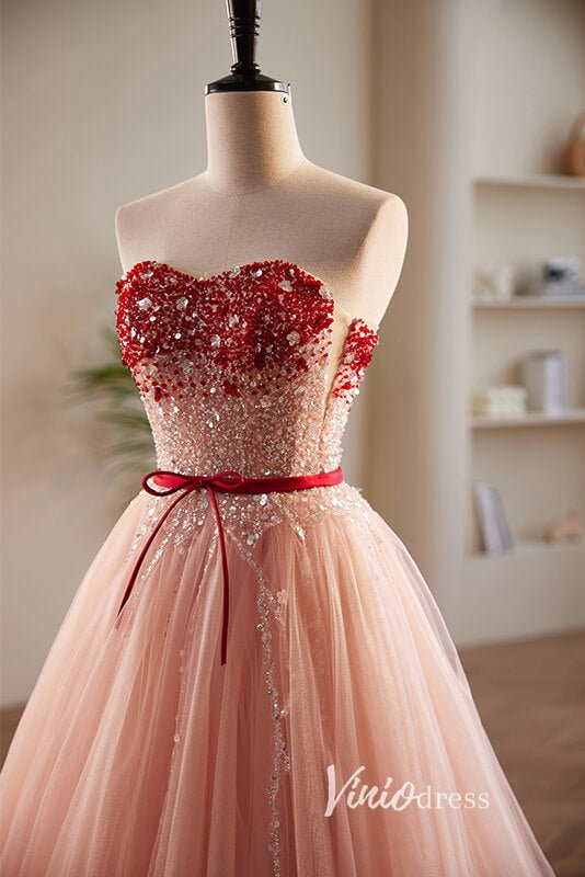 Pink Beaded Off the Shoulder Prom Dresses with Puffed Sleeve FD3521 - Viniodressprom dressesPinkCustom Size - Formal Dresses - Ball Gowns