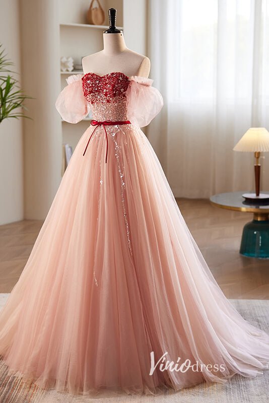 Pink Beaded Off the Shoulder Prom Dresses with Puffed Sleeve FD3521 - Viniodressprom dressesPinkCustom Size - Formal Dresses - Ball Gowns