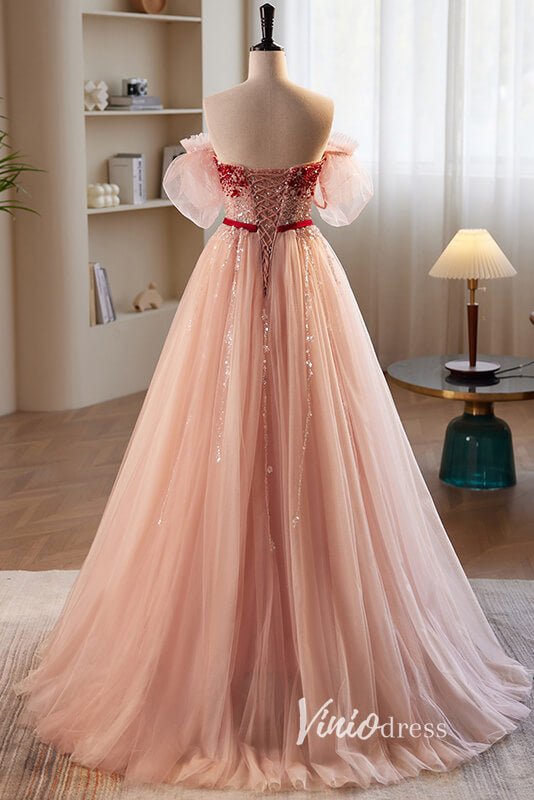 Pink Beaded Off the Shoulder Prom Dresses with Puffed Sleeve FD3521 - Viniodressprom dressesPinkCustom Size - Formal Dresses - Ball Gowns