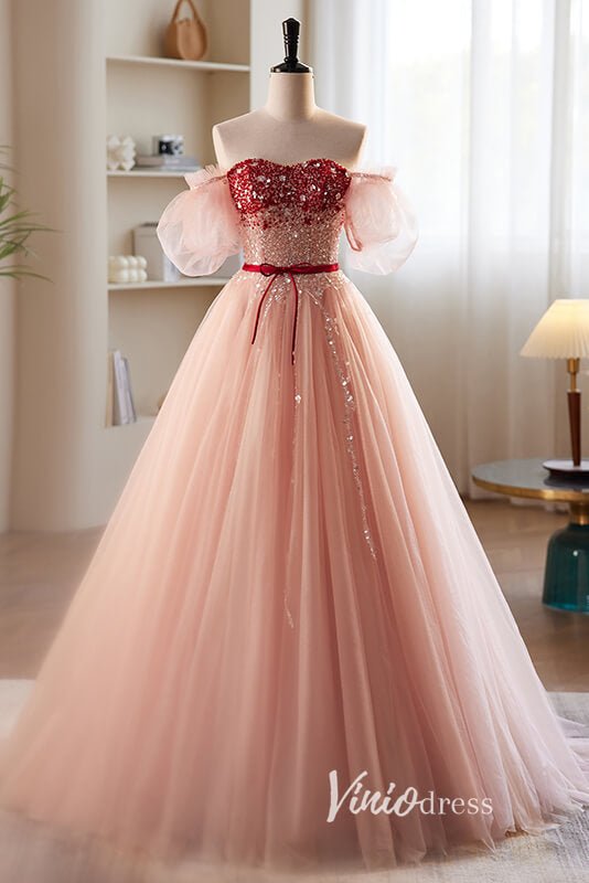 Pink Beaded Off the Shoulder Prom Dresses with Puffed Sleeve FD3521 - Viniodressprom dressesPinkCustom Size - Formal Dresses - Ball Gowns