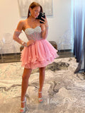 Pink Beaded Pearl Homecoming Dresses Strapless Tiered Short Prom Dress SD1634-prom dresses-Viniodress-Viniodress