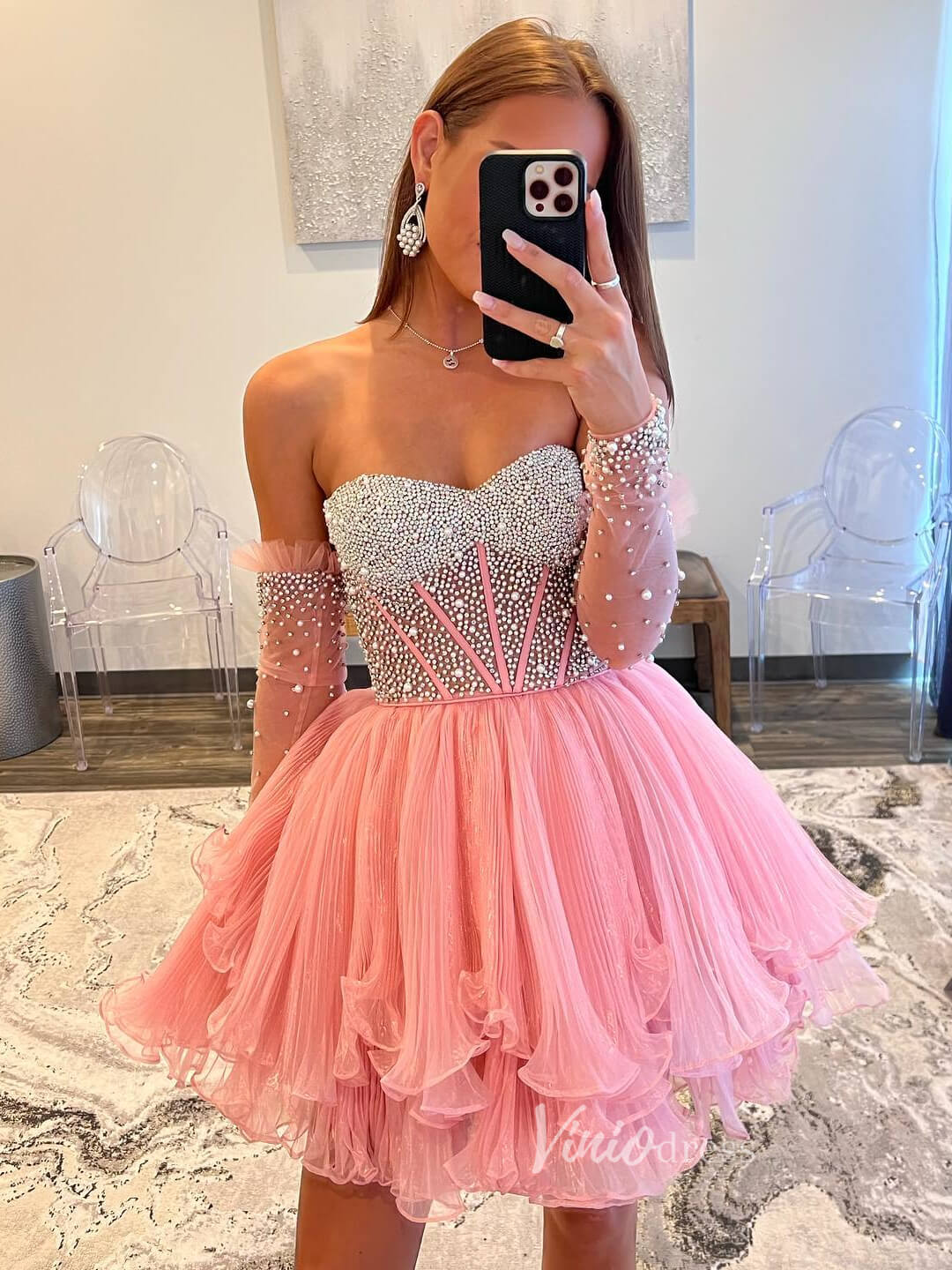 Pink Beaded Pearl Homecoming Dresses Strapless Tiered Short Prom Dress SD1634 - Viniodressprom dressesPinkCustom Size - Formal Dresses - Ball Gowns