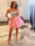 Pink Beaded Pearl Homecoming Dresses Strapless Tiered Short Prom Dress SD1634