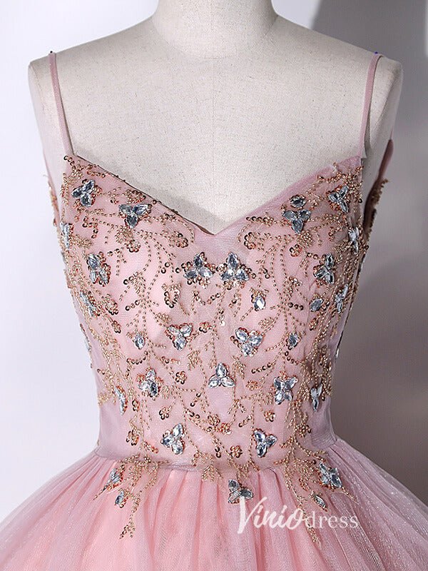 Pink Beaded Prom Dresses with Spaghetti Strap FD3523 - Viniodressprom dressesPinkCustom Size - Formal Dresses - Ball Gowns