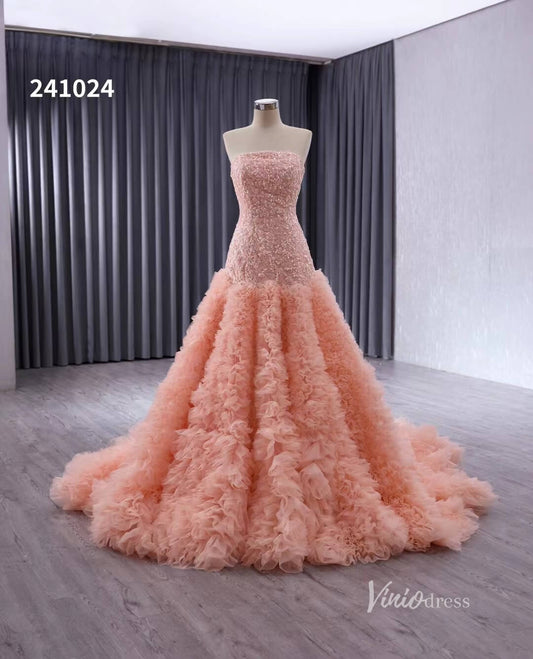 Pink Beaded Ruffled Wedding Dresses Strapless Quinceanera Dress 241024-Quinceanera Dresses 2025 -Viniodress-Pink-Custom Size-