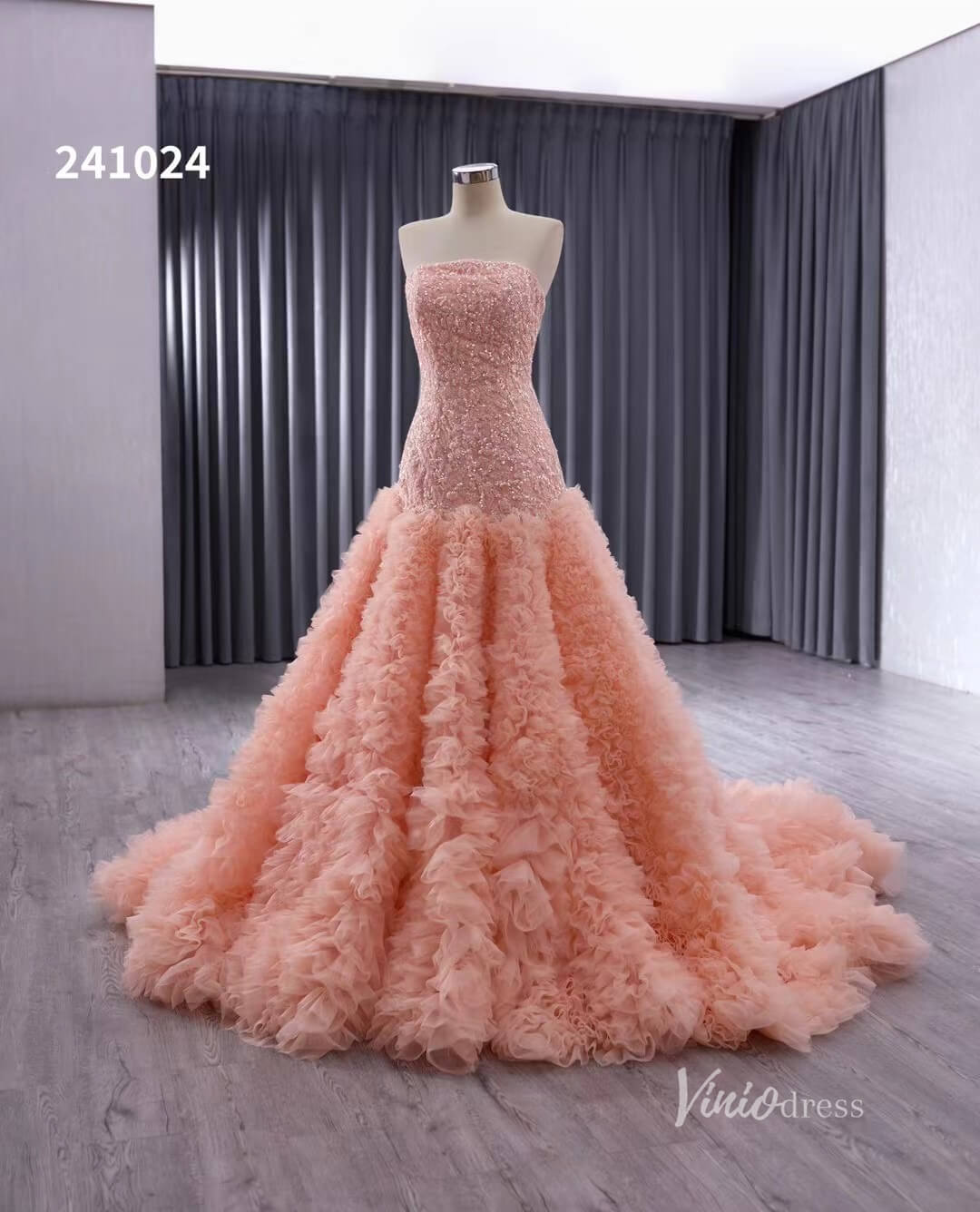 Pink Beaded Ruffled Wedding Dresses Strapless Quinceanera Dress 241024-Quinceanera Dresses 2025 -Viniodress-Pink-Custom Size-